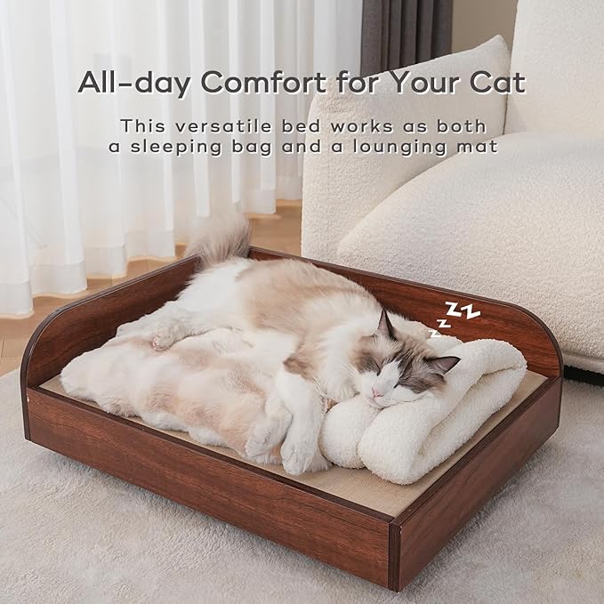 4 in 1 Cat Sleeping Bag 360° Wrap Cat Bed Plush & Warm Winter Sleeping Bag for Small Pets (Up to 15 lbs) Beige 21 × 17 Inch