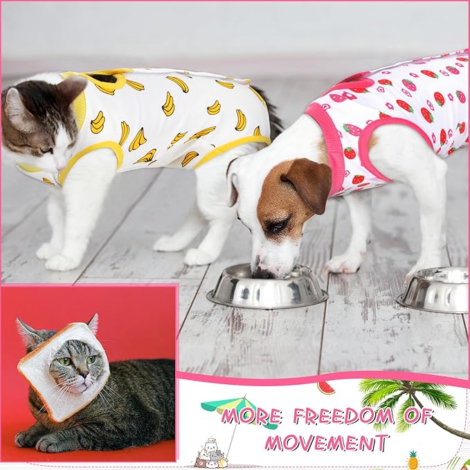 Nuanchu 3 Pieces Cat Recovery Suit Kitten Recovery Suit E-Collar Alternative for Cats and Dogs Abdominal Skin Anti Licking Pajama Clothes Sets(Strawberry Pattern,Large)