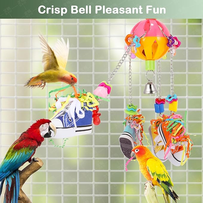 Bird Toys for Parrots and Conures, Colorful Chew Sneakers, Bell Balls, Acrylic Pacifiers, Durable Toys for Small and Medium Birds, Hanging Bird Cage