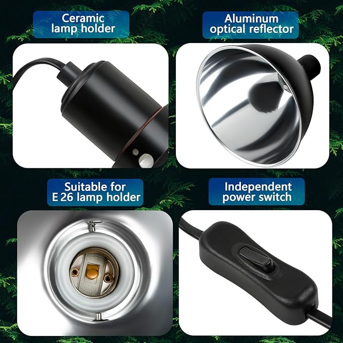 Reptile Light Fixture, 8.5 inch Optical Reflection Dome Heat Lamp Fixture, UVB Heat Basking Lamp Fixture for Amphibian Reptile Terrariums