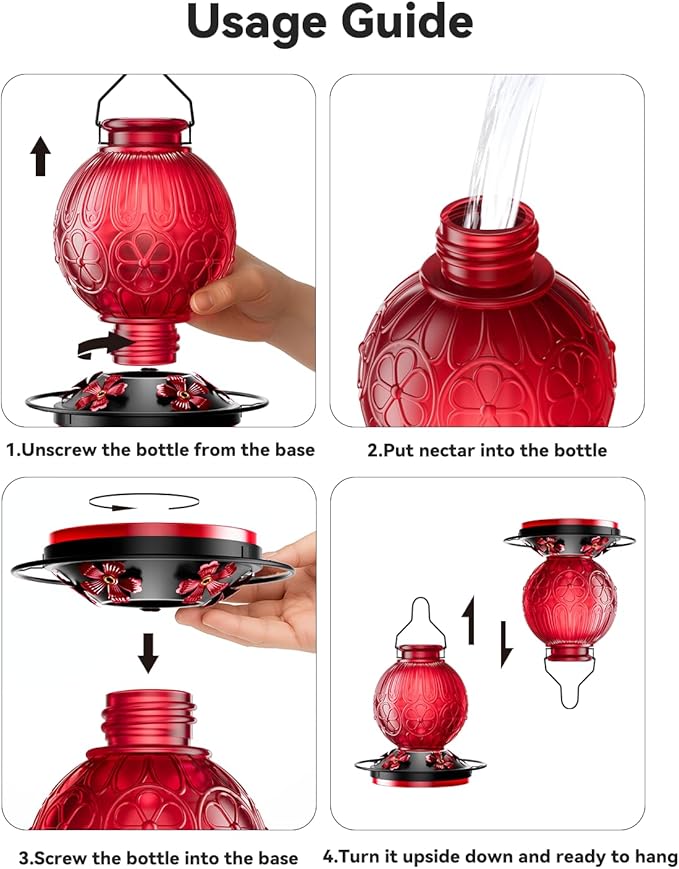 26Oz Hummingbird Feeder for Outdoors, Vintage Glass Bird Feeder with Perch, Durable & Easy to Clean, Hanging Nectar Feeder for Garden, Yard, Deck – Gift for Bird Lovers (Red)