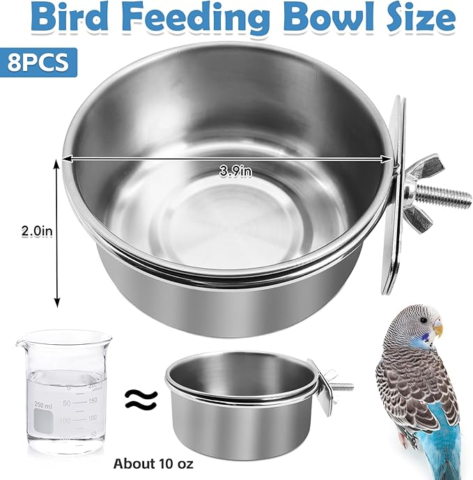 kathson 8 Pack Bird Feeding Dish Cups, Stainless Steel Parrot Feeders Water Cage Bowls with Clamp Holder Bird Feeders for Parakeet Cockatiels Conure Budgies Lovebird Finch and Small Animals