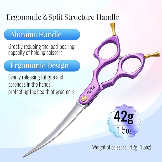Professional Curved Dog Grooming Scissors with Sharper Self Grinding lightweight and finely trimmed split structure 6.5'' Japan VG10 63HRC for small dogs cat pet(Purple)