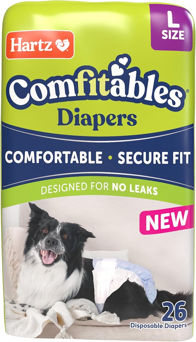 New! Hartz® Comfitables® Disposable Dog Diapers, Size Large 26 Count, Comfortable & Secure Fit, Easy to Put On, Super Absorbent Male and Female Diaper