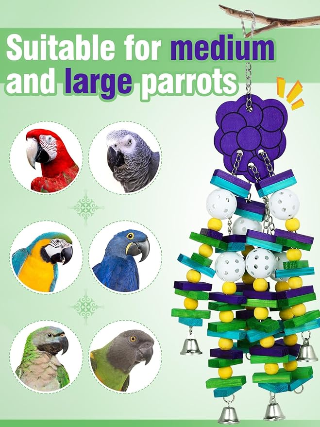 Large Bird Parrot Toys with Bells- Parrots Cage Chewing Toy Gift with Colorful Wood Blocks Beads- Bird Parrot Chewing Sticks Toys for Cockatoos African Grey Macaws and Amazon Parrots(Grape Style)