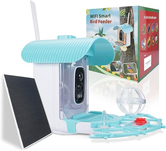 Bird Feeder with Camera, Smart Bird Camera with AI Identify BirdSpecies, Auto Record BirdVideo, Instant Notifications, 2K Video Live Stream Camera with Solar Panel for Birds Lover (Blue)