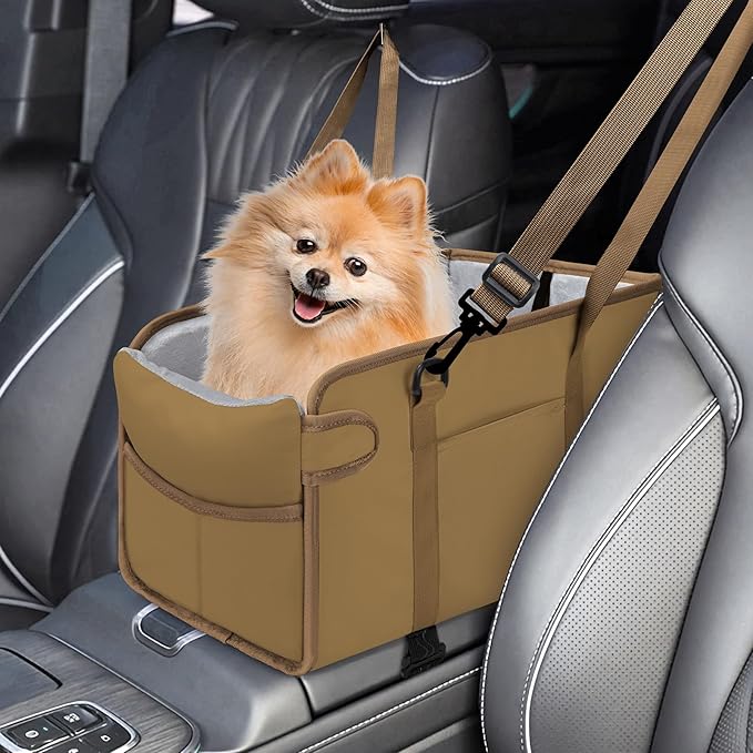 Portable Dog Car Seat for Small Dogs - Adjustable Safety Leash, Washable Cushion & Storage Pocket - Pet Booster Seat for Car Travel- Khaki