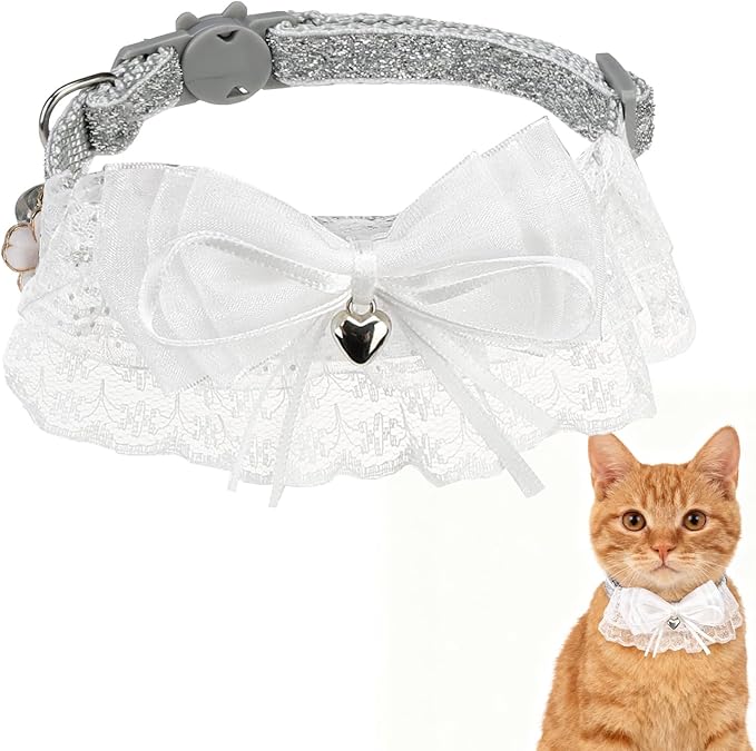 EXPAWLORER Cat Collar Breakaway,Adjustable Soft Lace Cat Collars for Girl Cats with Heart Accessory,Safety Quick Release Cute Pet Collar for Kitten,Small Dog