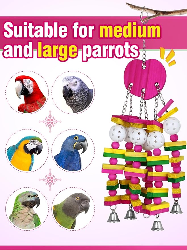 MEWTOGO Bird Toys - Edible Parrots Cage Chew Toy Gift with Bells and Safe Colorful Wood Blocks Beads for Macaws African Grey and Amazon Parrots (Peach Style)