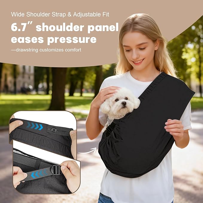 Dog Carrier Sling for Small Dogs Cats – Hands Free Pet Sling Carrier with Mesh Lining Pocket & Safety Hook, Adjustable Cat Dog Front Carrier for Travel, Daily Walk, Outdoor Black L