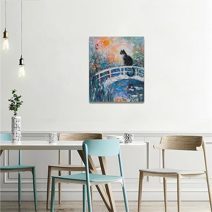 Quorin Black Cat Wall Art Water Lily Sunset Pictures Cat Wall Decor Impressionism Canvas Print Painting Artwork for Bathroom Living Room Bedroom 20"x24"