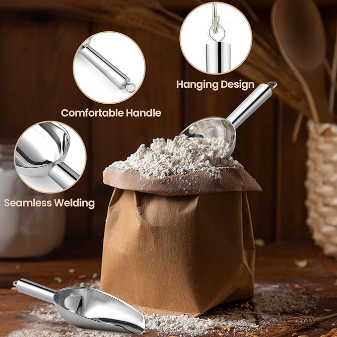 12oz Stainless Steel Ice Scoop for Freezer with Magnetic Hook– Dishwasher Safe Ice Scooper for Ice Machine with Long Handle – Metal Scoop for Ice Bucket, Dog Food, Flour, Canisters