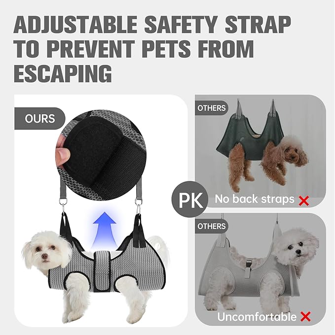 PAWCHIE Dog Grooming Hammock Harness for Dogs & Cats with Pet Nail Clipper Trimmer- Breathable Cat Hanger Sling for Trimming Clipping Nails-Dog Hammock Restraint Bag for Small Medium Large Dog, Grey M