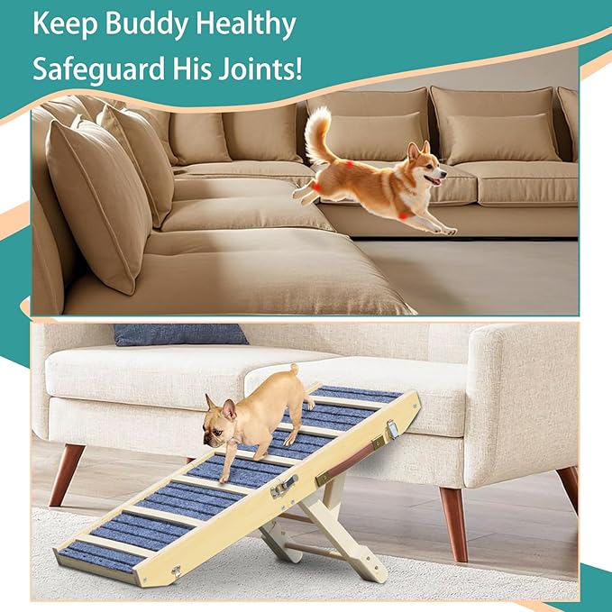 Dog Ramp for Bed, Upgraded 33" Long Portable Dog Ramp for Couch, Wood Folding Pet Ramp for All Breeds Small Old Dogs to Get on Bed, 4 Adjustable Heights 12.9" to 17.7"(Wood, Up to 50lbs)