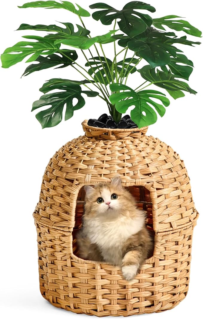 Cat Litter Box Plant Furniture Enclosure, Hidden Handwoven Rattan with Cat Litter Box and Artificial Plants, Odor Control Filter, Real Stones in Living Room, Bedroom, Corner Natural