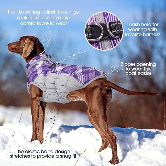 FUAMEY Dog Coat for Large Dogs,Waterproof Dog Winter Jacket with Harness Built in Puppy Cold Weather Coats Reflective Pet Vest with Zipper Warm Fleece Dogs Snowsuit Windproof Purple Plaid XL