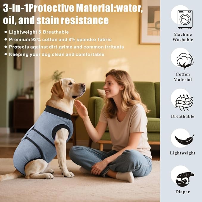 Idepet Dog Recovery Suit Female,Dogs Onesie Suit Surgery Male Breathable Pet Bodysuit for Spay Neuter E-Collar & Cone Alternative Surgical Suit Puppy Abdominal Anti Licking Wounds Shirt (Gray, S)