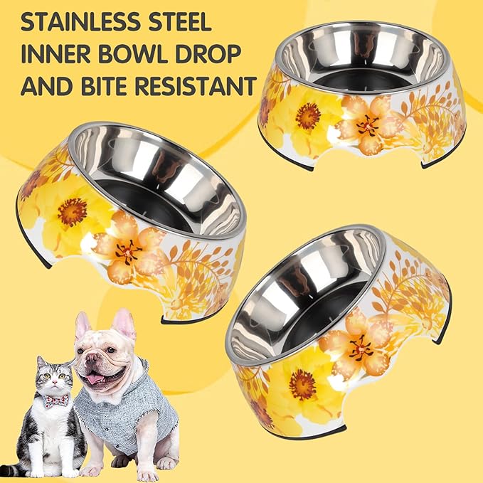 Pet Cats Dogs 2 in 1 Food Water Bowls - Non Slip Skid Proof Heavy Duty Pet Cats Dog Food Water Bowls for Feeding Drinking Small Medium Large Dogs Cats Puppies (Yellow Flower, S:7OZ)