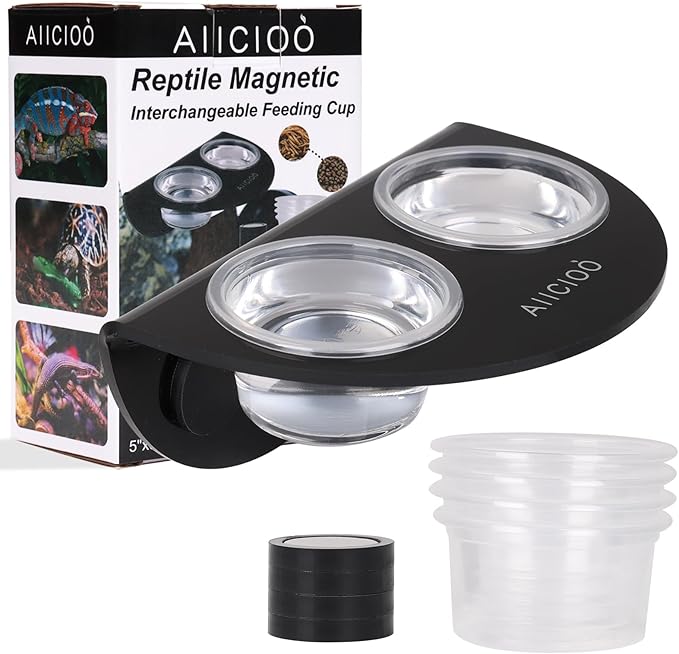 AIICIOO Gecko Feeder Ledge with 6 Pack Plastic Bowls Crested Gecko Food Dish Strong Magnetic Reptile Food Feeder Water Dish for Chameleon Bearded Dragon Tank Accessories