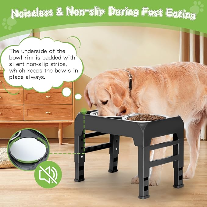 Elevated Bowls with Adjustable Heights - Raised Stand with 2 Stainless Steel Food Bowls, Non-Slip Foldable Feeder for Medium Large Dogs, Adjusts to 12.36", 10.75", 9.2", 3.7", Black