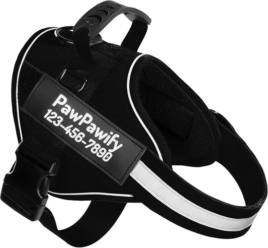 PawPawify Custom No Pull Dog Harness with Name and Phone Number, Heavy Duty Personalized Pet Vest to Prevent Tugging, Pulling, or Choking, Training and Walking (New Black, S (Chest 16-21in))