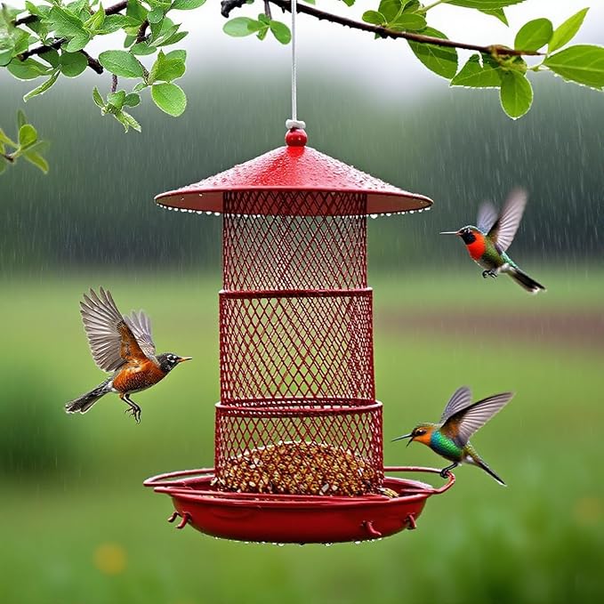 Bird Feeders for Outdoors, Hanging Metal Bird Feeder with 4.5LB Large Capacity, Red Wrought Iron Feeder,Sturdy & Weatherproof, Easy to Clean & Refill, Great for Attracting Wild Birds