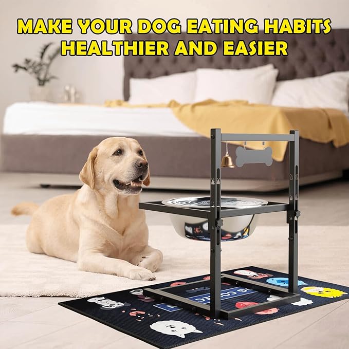 1.6Gallon Elevated Dog Water Bowl for Large Dogs, Height Adjustable (10-17.8in) Raised Stainless Steel Bowl with Spill-Proof Mat & Sturdy Metal Stand, Easy-Clean Feeder for Indoor/Outdoor Use