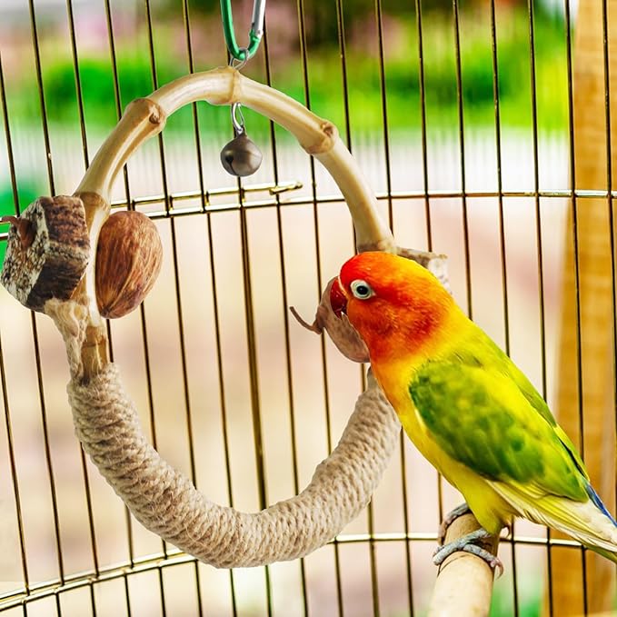 Circle Bird Swing with Bell,Bamboo Parakeet Rope Perches for Cage Ring Bird Swings Chewings Nuts Toys for Parrots Cockatiels Lovebirds Budgie