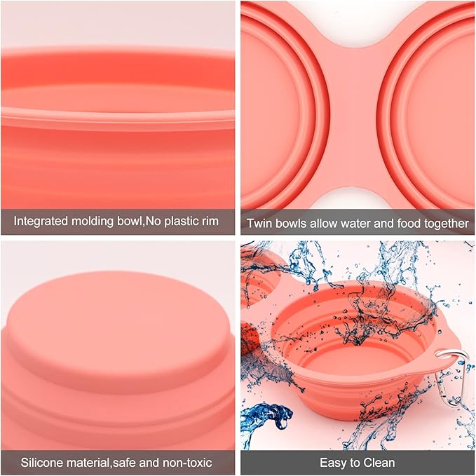 SLSON Collapsible Dog Bowls,Integrated Molding Dog Double Bowl No Plastic Rim 2 in 1 Foldable Pet Food & Water Bowl Cat Feeder Dish for Walking,Hiking,Camping (Coral Pink)