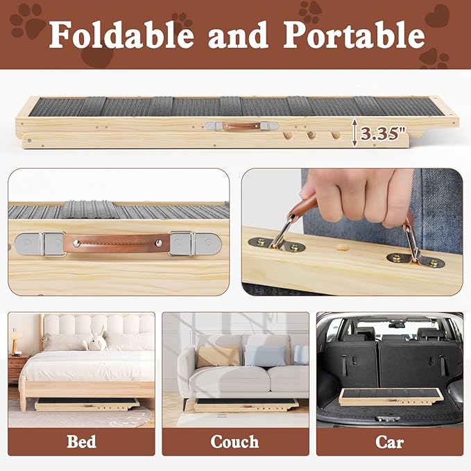 Dog Ramp for High Bed, Couch, Car, Pet Ramps 55.12" Long Adjustable 19.7"-27.6" Wooden Dog Step with High Traction Mat & Safety Side Rails for Small Medium Large Older Pets, up to 250 lbs