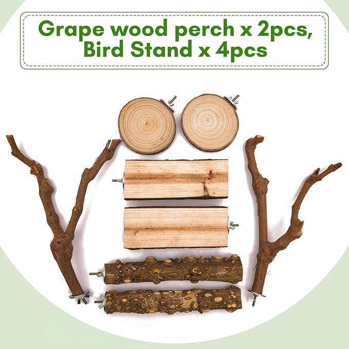 8pcs Brid Perch Bird Cage Accessories 2 Natural Grape Stick Paw Grinding Fork 6 Parrot Stand Bird Toys for Parakeets, Cockatiels, Conure, Budgies