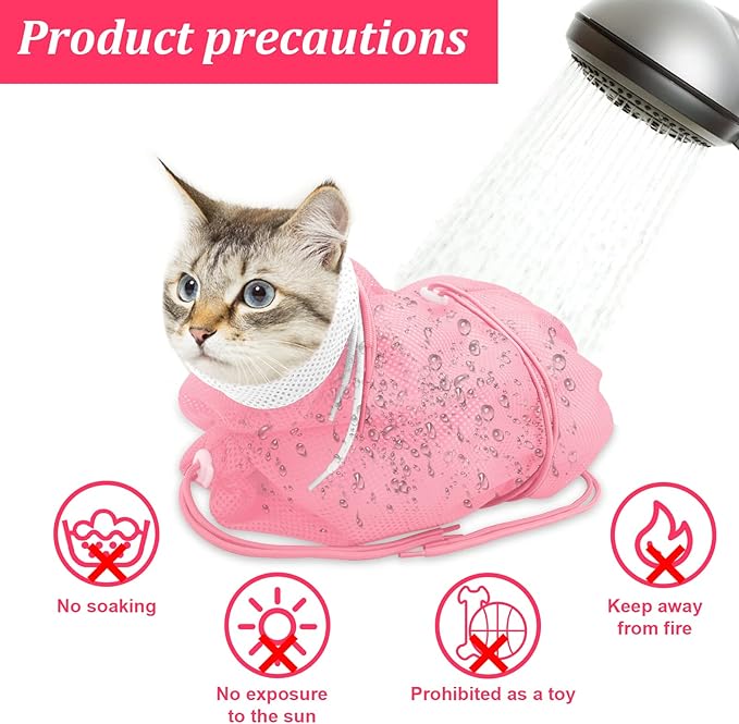 Breathable Mesh Shower Bag - Anti Scratch Adjustable Grooming for Nail Trimming, Bathing - Polyester Soft Cat Washing (White-Pink)