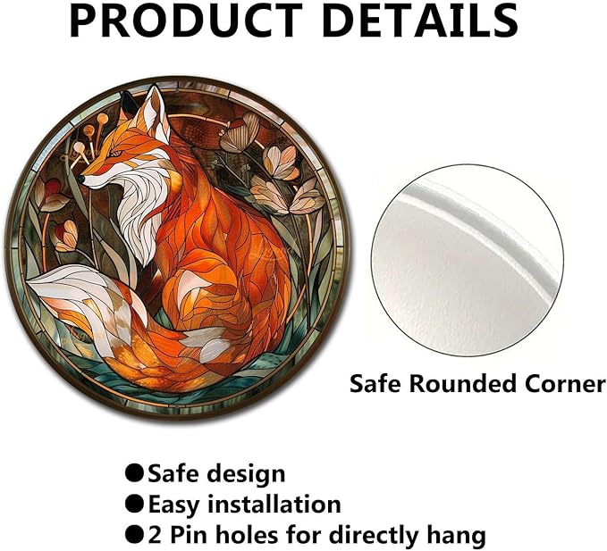 Lygond Metal Sign Tin Sign Circular Stained Glass Red Fox Funny Garden Signs for Garden 8×8 Inches