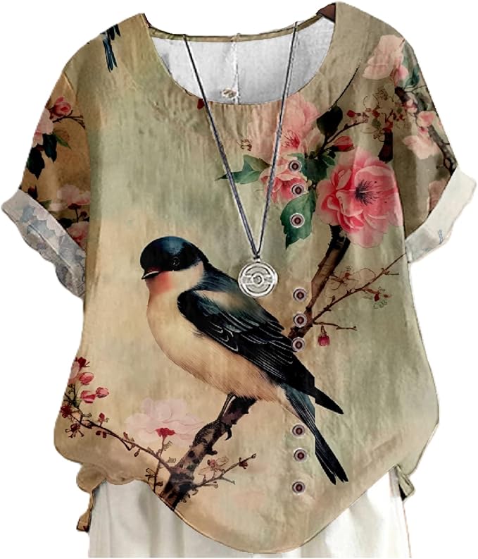 Japanese Print Women Summer Shirts Flower Bird Graphic Plus Size Tunic Tops Crewneck Short Sleeve Blouses