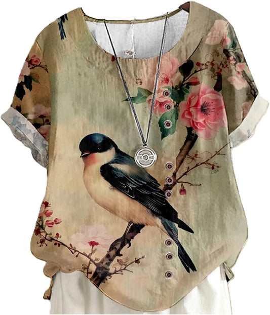 Japanese Print Women Summer Shirts Flower Bird Graphic Plus Size Tunic Tops Crewneck Short Sleeve Blouses