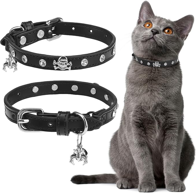 EXPAWLORER Halloween Leather Cat Collar - Adjustable Pet Collar with Rivet Spike for Girl Boy Cats, Punk Accessories with Bell & Durable D-Ring,White Diamond Skull
