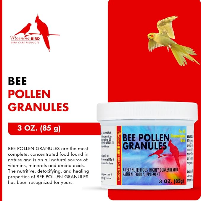 Morning Bird Bee Pollen Granules 3 Oz – Naturally Immune Support & Protein Powder for Birds – Boosts Strength, Feather Health & Energy Supplements – Easy to Mix with Food for All Bird Types