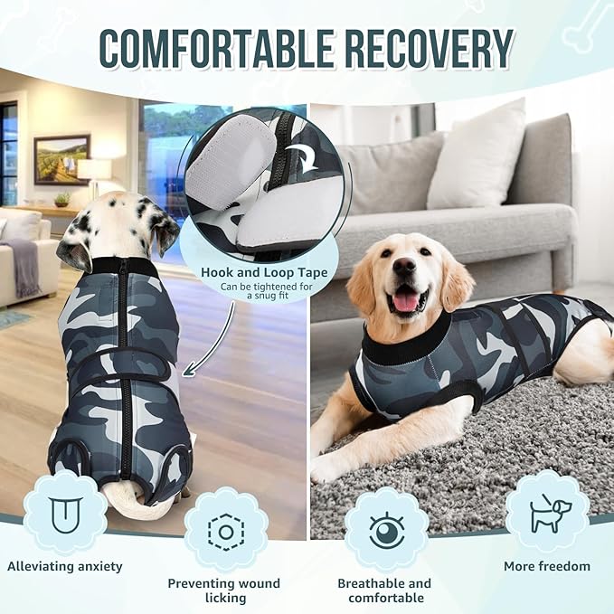 Lukovee Recovery Suit for Dogs, Zipper On Recovery Suit for Female Male Dog, Onesie Abdominal Wounds Cone E-Collar Alternative Prevent Licking Spay Recovery Suit (Camouflage, XL)
