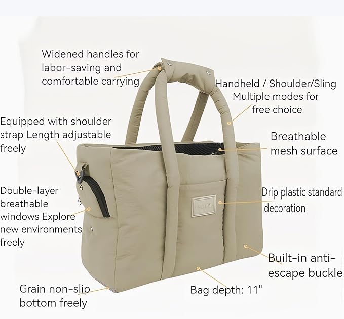 Dog Walking Bag Sling, Dog Carrier Purse with Safety Leash Clip,Warm Soft Sided Pet Carrier Purse for Small Medium Dogs Cats Portable Hands-Free Shoulder Tote for Outdoor Travel (Light Khaki)