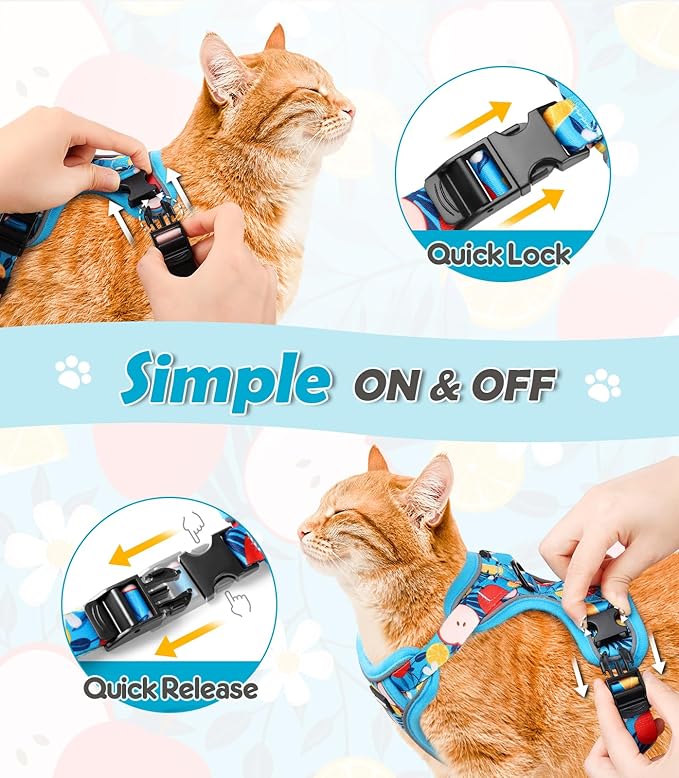 Halypet Cat Harness and Leash Set[MAX Safety 4th-Gen] Cute Escape Proof Vest Harness for Girl&Boy Cat Walking, Comfortable Adjustable Leash and Reflective Strips for Outdoor Kitten, S Azure Floral