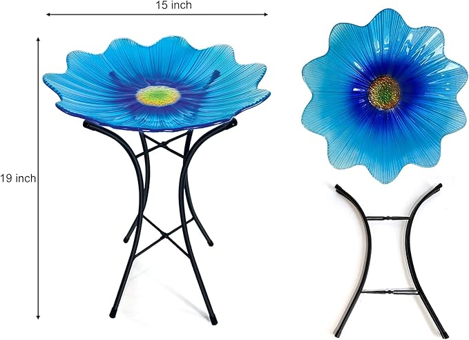 HONGLAND Glass Birdbath with Metal Stand Outside Yard Garden Decor, 15" Diameter Detachable Glass Bird Baths Bowl for Outdoors, 21 inch Height (Blue Flower)
