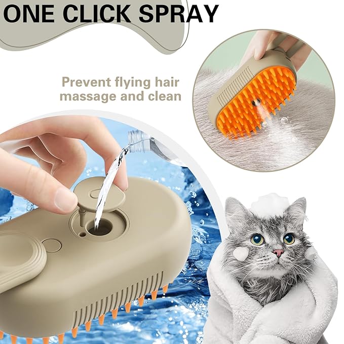 Steamy Pet Brush - Convenient Hair Removal, Easy Collection, Massage Function - Ideal Steam Brush for Cats! (White+Coffee)