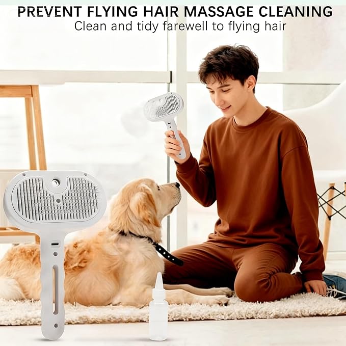 Pet Steam Brush for Cats and Dogs, 3 In 1 Steamy Cat Brush with Release Button and Tank, Anti-Static Pet Spray Hair Removal Comb, Rechargeable Dog Steam Comb for Furry (White)