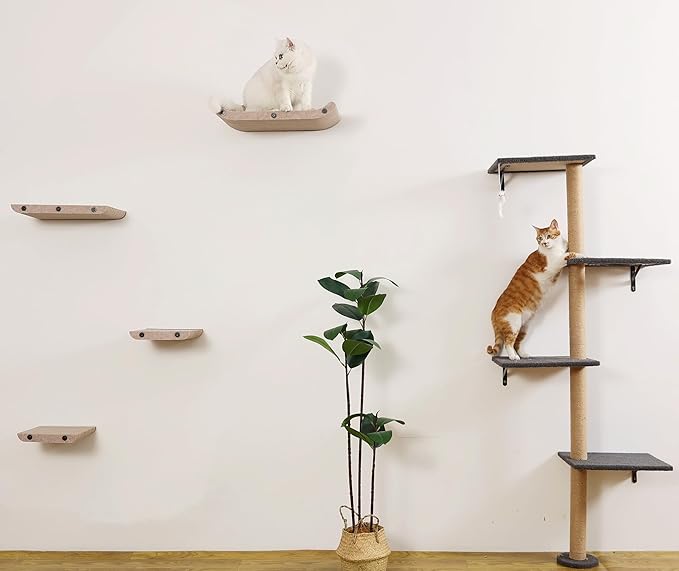 Wall Mounted Cat Shelves and Perches,Scratchable Cat Beds & Furniture for Indoor Cats, Soft PET Felt Feline Climbing Wall Set, Modern Jungle Gym System for Lounging and Sleeping(Set of 4-Oatmeal)
