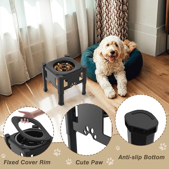Lewondr Elevated Slow Feeder Dog Bowls, Raised Dog Food Bowls with 3 Heights (6.1", 7.7", 9.3") Adjustable Slow Feeder Bowl Non-Slip Bowl Stand for Medium Large Breed, Dishwasher Safe