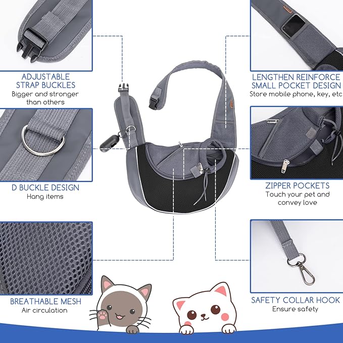 Nobleza Dog Sling Carrier, Mesh Adjustable Pet Sling Puppy Sling Carrier for Small Medium Dog Cat Rabbit (L (up to 10 lbs), Gray Black)