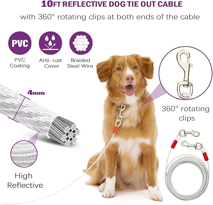360° Swivel Dog Tie Out Cable and Stake - 2025 Upgrad Stainless Steel Dog Stake Dog Anchor for Small to Large Dogs - No Tangle Reflective Run Cable for Yard (Silver 10 ft Cable)
