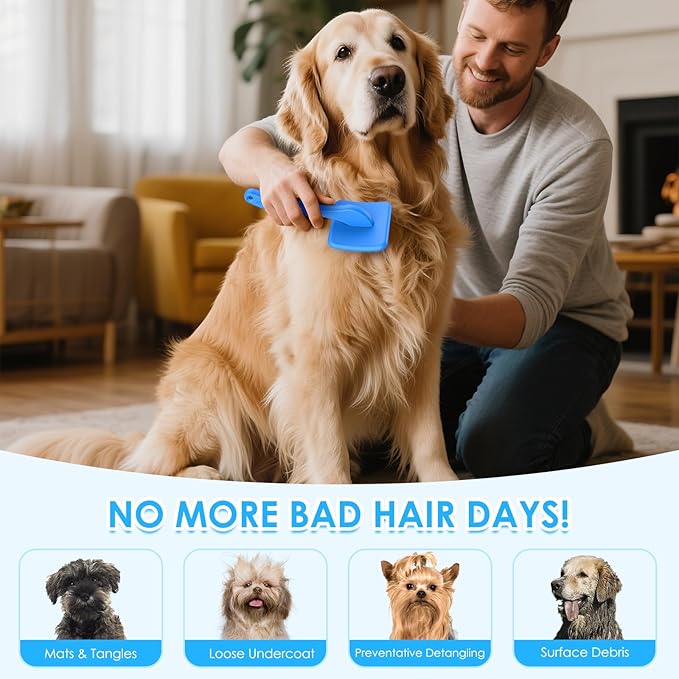 Large Dog Slicker Brush & Comb Set with Leather Sleeves - Long Pin Deshedding Brush for Golden Retrievers, Poodles, Doodles & Thick Coats, Wood Handle Pet Grooming Kit for Dogs, Cats. Blue