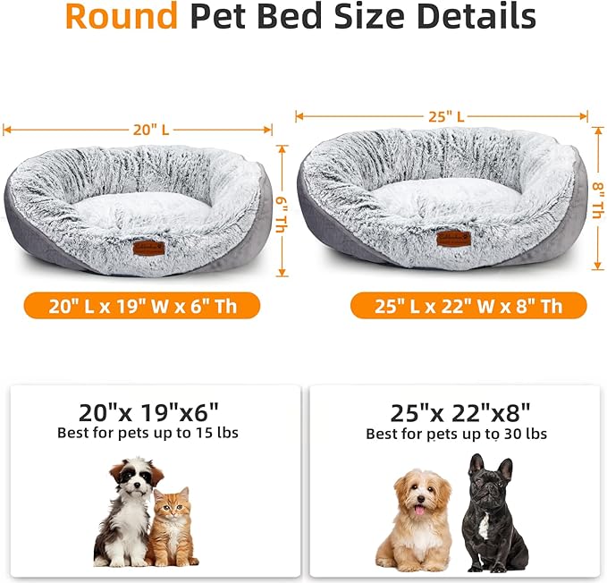 Long Fur Pet Bed for Medium Dogs, Plush Cat Bed with Bolster, Machine Washable Dog Bed with Non-Slip Waterproof Bottom, Orthopedic Support for Warmth & Security, 25x22 Inches