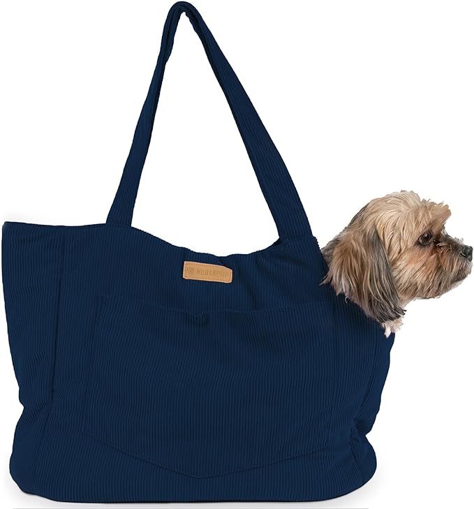 Corduroy Dog Carrier - Lightweight Cotton Soft-Sided Pet Tote with Safety Harness Clip - Breathable Travel Carrier for Small Dogs and Puppies (Dark Blue)